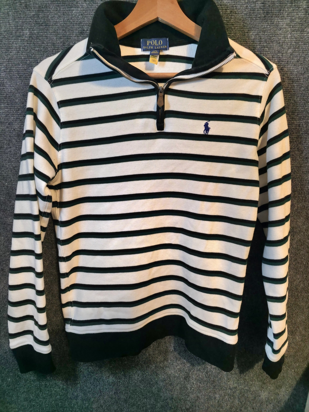 Polo by Ralph Lauren White and Dark Green Striped Quarter-Zip Sweater